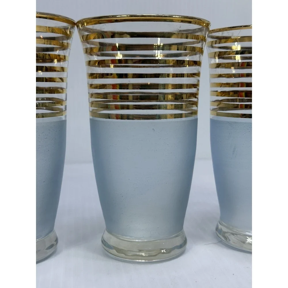 Mid Century Modern MCM Frosted Glass Turquoise Blue Gold Stripe SET 5